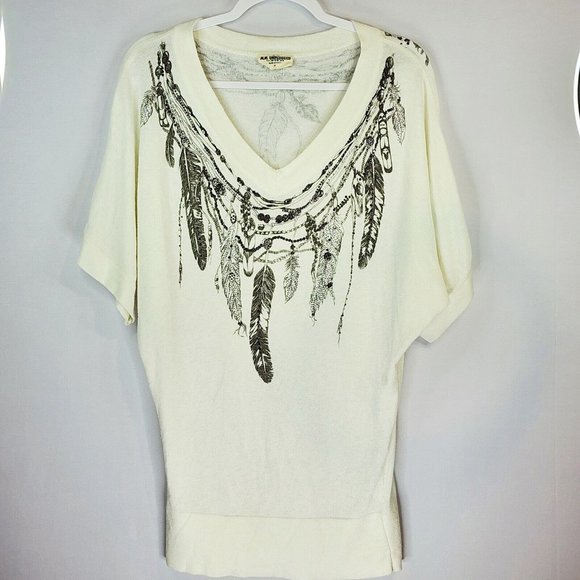 Miss Me Sweaters - MM Unplugged by Miss Me Sweater Womens Medium Ivory Feather Print Knit Pullover